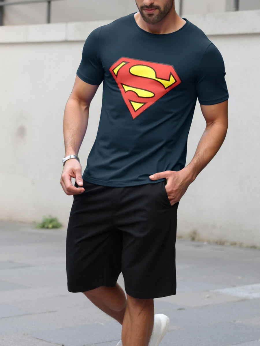 SUPERMAN X SHEIN تي شيرت رجالي بنمط ماسي كاجوال للاستخدام اليومي بأكمام قصيرة - أزرق بحري - مشاهدة 1