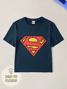 SUPERMAN X SHEIN تي شيرت رجالي بنمط ماسي كاجوال للاستخدام اليومي بأكمام قصيرة - أزرق بحري - مشاهدة 2