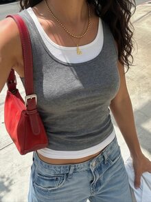 SHEIN Women's Sleeveless Color-Blocked 2 In 1 Vest, Casual And Simple, Suitable For Everyday Wear. - Light Grey - View 1