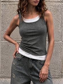 SHEIN Women's Sleeveless Color-Blocked 2 In 1 Vest, Casual And Simple, Suitable For Everyday Wear. - Light Grey - View 6