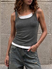 SHEIN Women's Sleeveless Color-Blocked 2 In 1 Vest, Casual And Simple, Suitable For Everyday Wear. - Light Grey - View 5