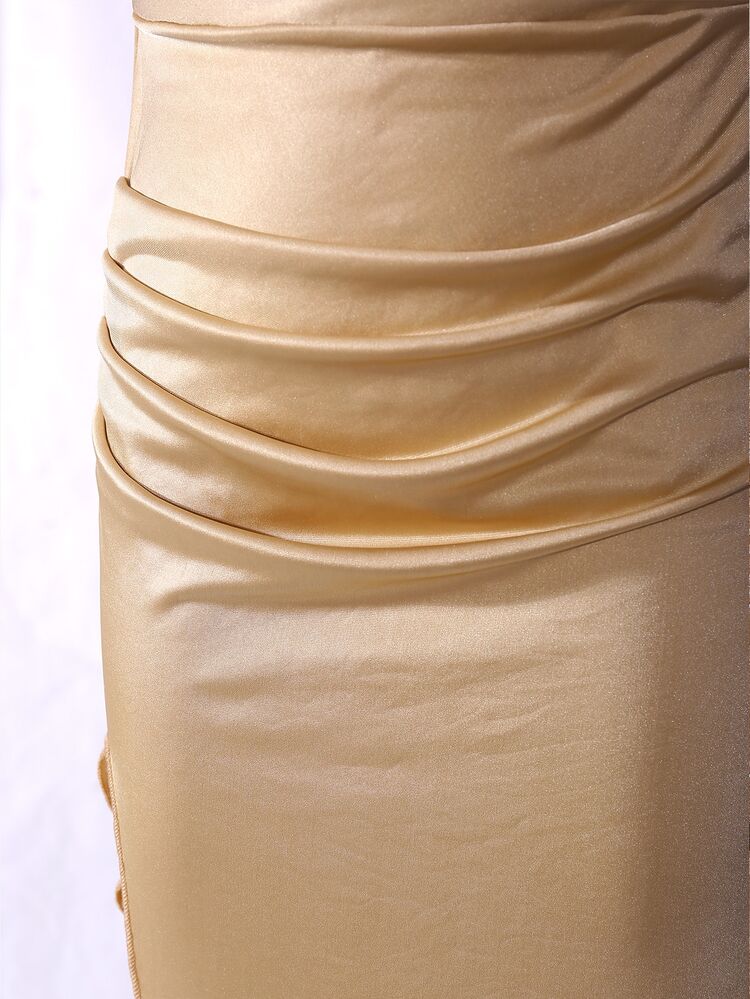 SHEIN Tween女孩亮片對比色單肩蝴蝶結高衩長裙，修身顯瘦，2026秋冬款舞會禮服，適合節日晚宴派對疊穿穿搭 - 香檳色 - 查看 4