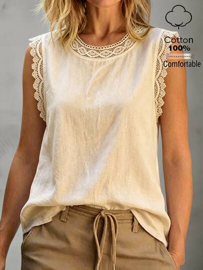 Omancia Women's Cotton Solid Color Lace Trim Casual Vacation Summer Short Sleeve Shirt Vacation Light Beige