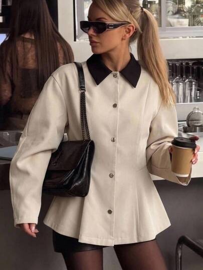 Aloruh Women's Contrast Color Lapel Long Sleeve Single-Breasted Casual Trench Coat,New Fall Styles