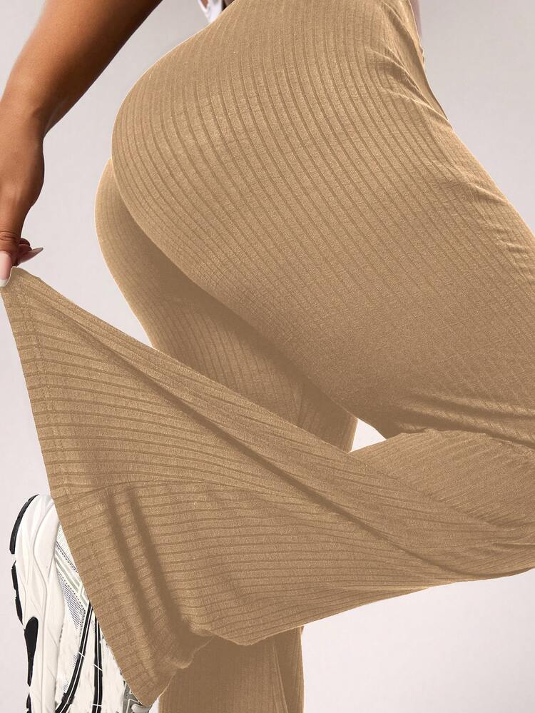 Rhythm Era Women's Ribbed Flared Pants,Slim Fit Casual Sports Trousers,Khaki,Summer,Athletic,Curve,Gym,Fold Over Flare Leggings,Yoga Wide Leg Leggings,Daily Wear - Brown - View 3