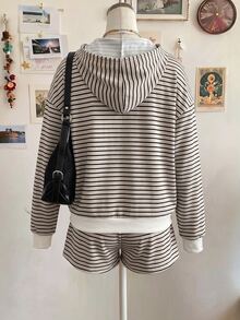 Cévolie Plus Size Women's Striped Dropped Shoulder Long Sleeve Zip-Up Hooded Sweatshirt And Shorts Casual Set - Apricot - View 2