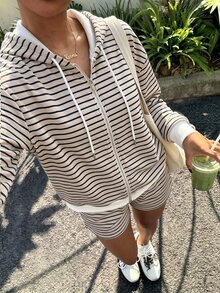 Cévolie Plus Size Women's Striped Dropped Shoulder Long Sleeve Zip-Up Hooded Sweatshirt And Shorts Casual Set - Apricot - View 1
