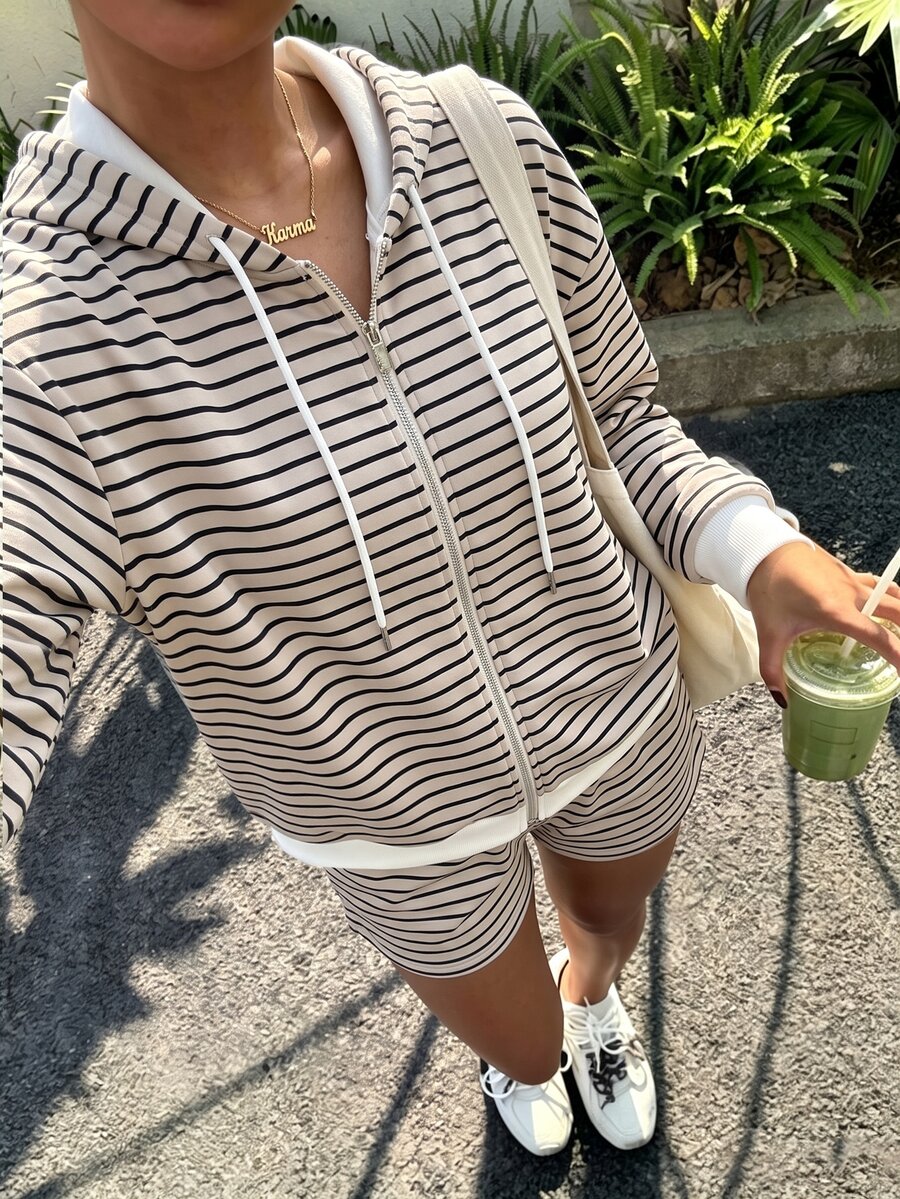 Cévolie Plus Size Women's Striped Dropped Shoulder Long Sleeve Zip-Up Hooded Sweatshirt And Shorts Casual Set - Apricot - View 1