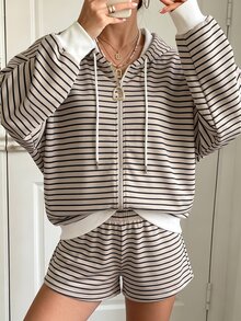 Cévolie Plus Size Women's Striped Dropped Shoulder Long Sleeve Zip-Up Hooded Sweatshirt And Shorts Casual Set - Apricot - View 3