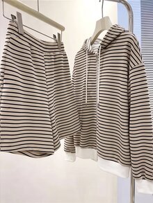 Cévolie Plus Size Women's Striped Dropped Shoulder Long Sleeve Zip-Up Hooded Sweatshirt And Shorts Casual Set - Apricot - View 5