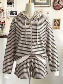 Cévolie Plus Size Women's Striped Dropped Shoulder Long Sleeve Zip-Up Hooded Sweatshirt And Shorts Casual Set - Apricot - View 4