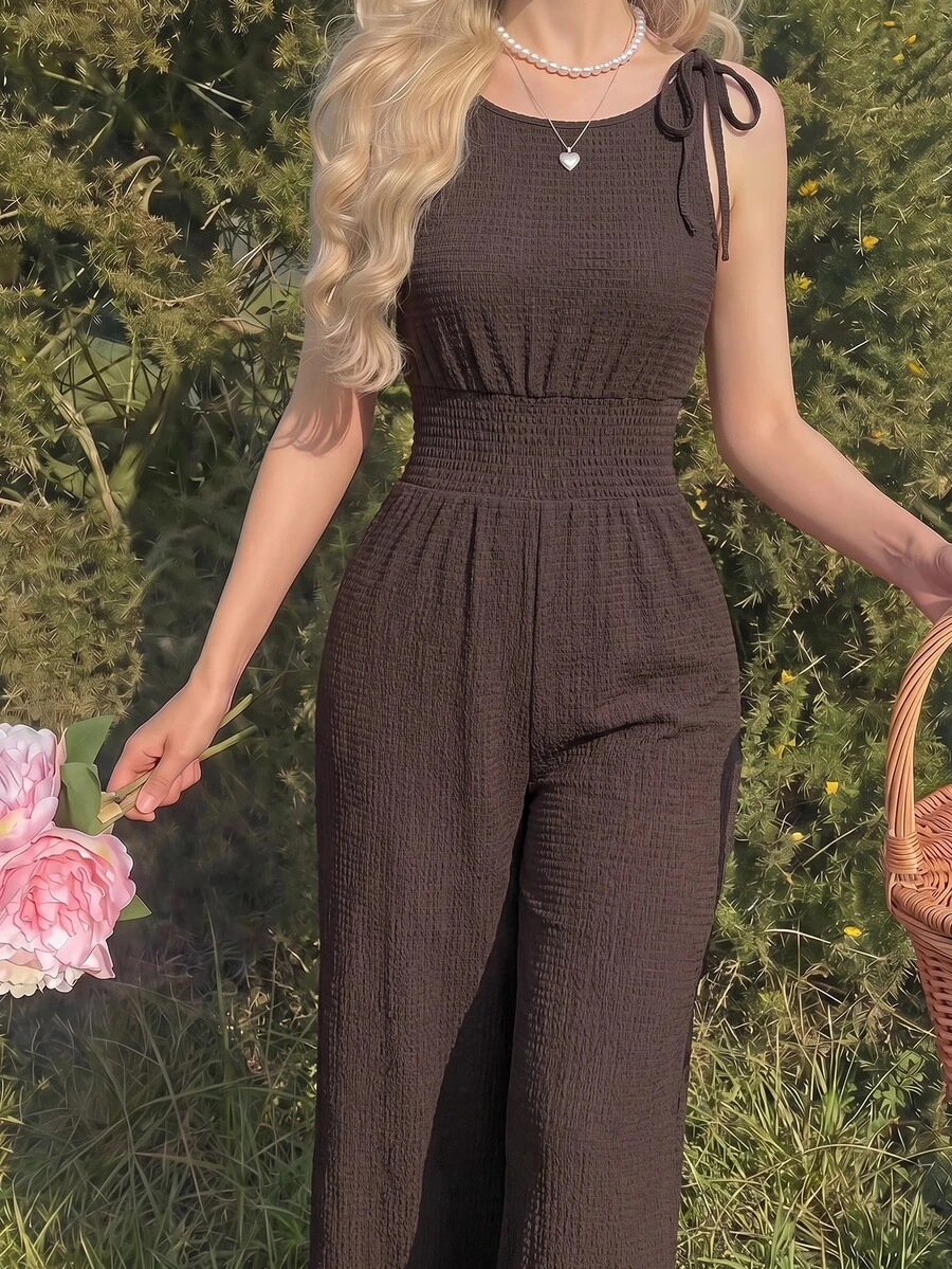 SHEIN MOD 綁帶肩寬腿連身褲 - 棕色 - 查看 1