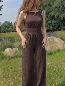 SHEIN MOD 綁帶肩寬腿連身褲 - 棕色 - 查看 3