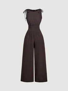 SHEIN MOD 綁帶肩寬腿連身褲 - 棕色 - 查看 4