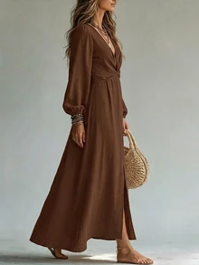 SHEIN 女士优雅纯色扭纹细节前开衩连衣裙，秋季长款女装秋季服装 - 棕色 - 查看 4