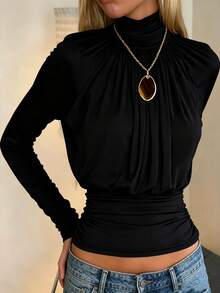 SHEIN Mock Neck Ruched Raglan Sleeve Tee - Black - View 4