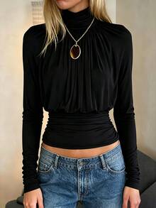 SHEIN Mock Neck Ruched Raglan Sleeve Tee - Black - View 7