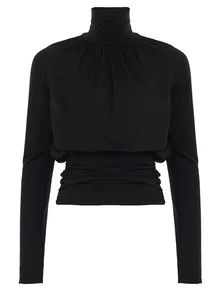 SHEIN Mock Neck Ruched Raglan Sleeve Tee - Black - View 2