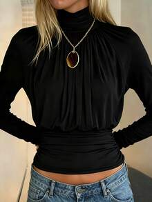 SHEIN Mock Neck Ruched Raglan Sleeve Tee - Black - View 5