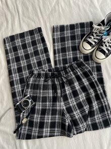 Attitoon 女款格紋寬腿鬆身長褲，附腰部綁帶 - 黑色 - 查看 2
