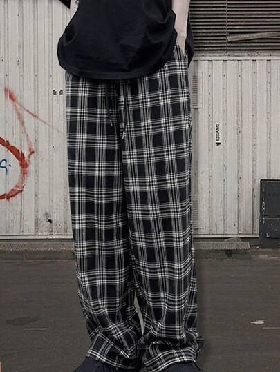 Attitoon Women's Plaid Wide Leg Loose Long Pants With Waist Tie