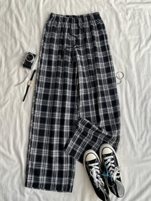 Attitoon 女款格紋寬腿鬆身長褲，附腰部綁帶 - 黑色 - 查看 7