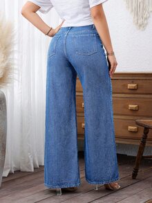EMERY ROSE Plus Size Women's Loose Wide Leg Casual Denim Jeans With Pockets - Medium Wash - View 2