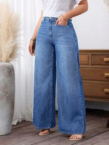 EMERY ROSE Plus Size Women's Loose Wide Leg Casual Denim Jeans With Pockets - Medium Wash - View 7