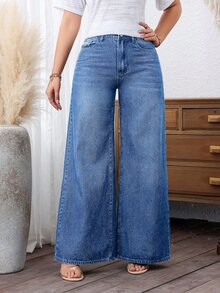 EMERY ROSE Plus Size Women's Loose Wide Leg Casual Denim Jeans With Pockets - Medium Wash - View 3