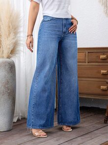 EMERY ROSE Plus Size Women's Loose Wide Leg Casual Denim Jeans With Pockets - Medium Wash - View 6