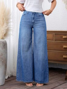 EMERY ROSE Plus Size Women's Loose Wide Leg Casual Denim Jeans With Pockets - Medium Wash - View 5