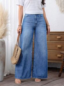 EMERY ROSE Plus Size Women's Loose Wide Leg Casual Denim Jeans With Pockets - Medium Wash - View 4