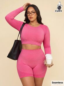 SHEIN Sports 大码女式无缝粉色健身套装、长袖T恤和短裤运动服 - 粉色 - 查看 1
