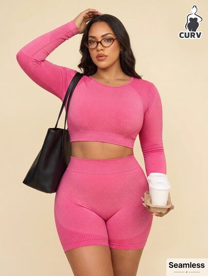 SHEIN Sports 大码女式无缝粉色健身套装、长袖T恤和短裤运动服