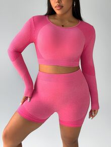 SHEIN Sports 大码女式无缝粉色健身套装、长袖T恤和短裤运动服 - 粉色 - 查看 4