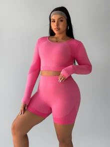 SHEIN Sports 大码女式无缝粉色健身套装、长袖T恤和短裤运动服 - 粉色 - 查看 5
