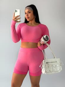 SHEIN Sports 大码女式无缝粉色健身套装、长袖T恤和短裤运动服 - 粉色 - 查看 7