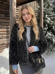SHEIN Jaket Bulu Imitasi Mink Lengan Panjang Lembut dan Elegan untuk Anak Perempuan Remaja, Cocok untuk Musim Gugur/Dingin - Hitam - View 6