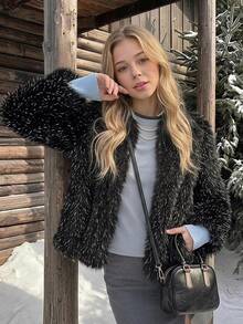 SHEIN Jaket Bulu Imitasi Mink Lengan Panjang Lembut dan Elegan untuk Anak Perempuan Remaja, Cocok untuk Musim Gugur/Dingin - Hitam - View 5