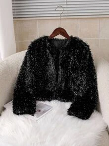 SHEIN Jaket Bulu Imitasi Mink Lengan Panjang Lembut dan Elegan untuk Anak Perempuan Remaja, Cocok untuk Musim Gugur/Dingin - Hitam - View 3