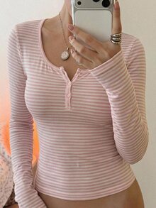 SHEIN Tall Women's Autumn Pink And White Striped Half-Zip T-Shirt House Everyday Home Casual - Pink - View 4