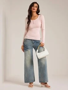 SHEIN Tall Women's Autumn Pink And White Striped Half-Zip T-Shirt House Everyday Home Casual - Pink - View 8