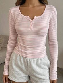 SHEIN Tall Women's Autumn Pink And White Striped Half-Zip T-Shirt House Everyday Home Casual - Pink - View 6
