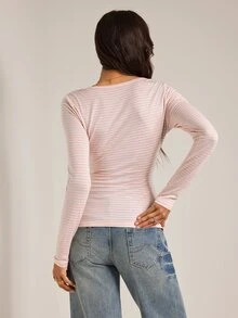 SHEIN Tall Women's Autumn Pink And White Striped Half-Zip T-Shirt House Everyday Home Casual - Pink - View 9