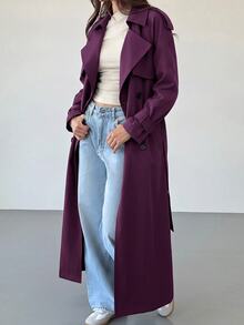 Aloruh 女款秋季時尚雙排扣風衣外套 辦公商務深紫色優雅休閒 - 中紫紅色 - 查看 4