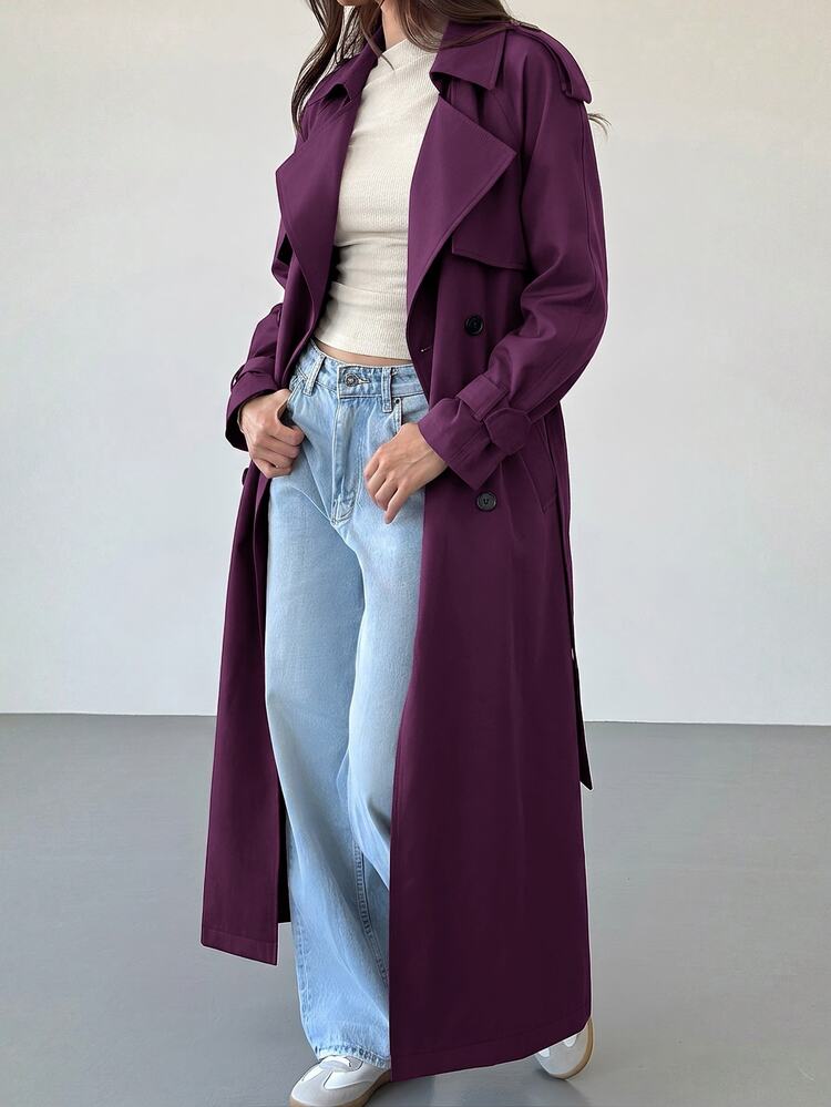 Aloruh 女款秋季時尚雙排扣風衣外套 辦公商務深紫色優雅休閒 - 中紫紅色 - 查看 4