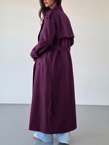 Aloruh 女款秋季時尚雙排扣風衣外套 辦公商務深紫色優雅休閒 - 中紫紅色 - 查看 6