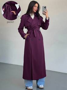 Aloruh 女款秋季時尚雙排扣風衣外套 辦公商務深紫色優雅休閒 - 中紫紅色 - 查看 1