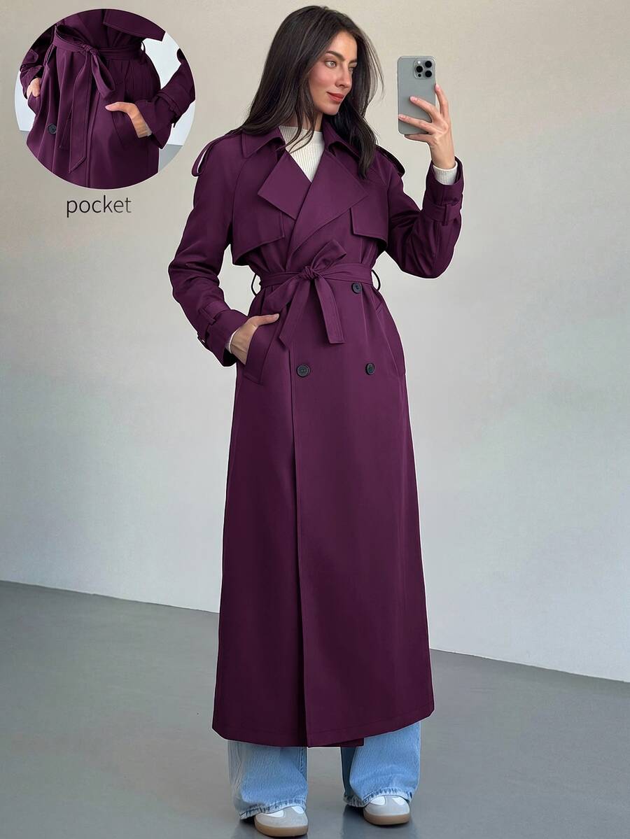 Aloruh 女款秋季時尚雙排扣風衣外套 辦公商務深紫色優雅休閒 - 中紫紅色 - 查看 1