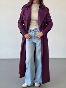 Aloruh 女款秋季時尚雙排扣風衣外套 辦公商務深紫色優雅休閒 - 中紫紅色 - 查看 5